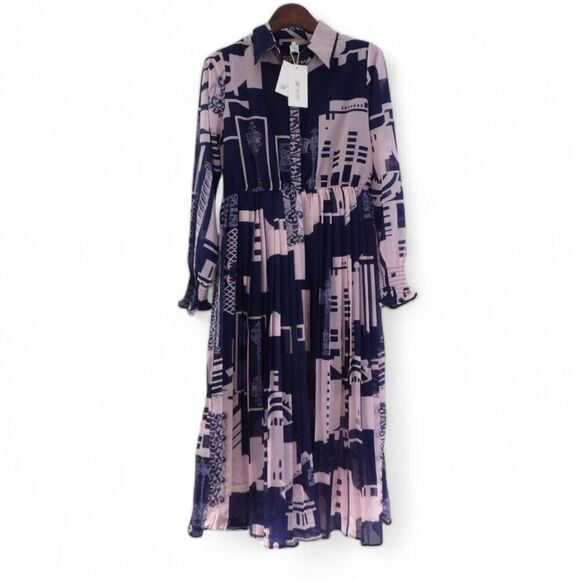 Han Queen Printed Long Sleeve Lined Pleated Dress |‎ medium - Picture 2 of 15